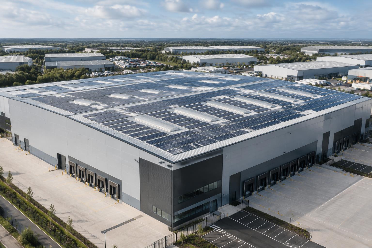 Commercial rooftop solar PV installation on UK warehouse